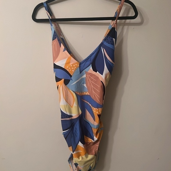 Kona Sol Orange Tropical Print Side Cinch Medium Coverage One Piece Swimsuit XL - Picture 2 of 6